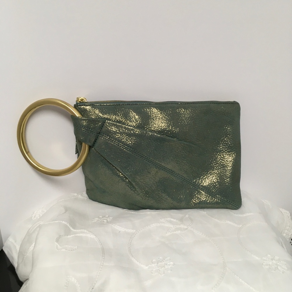 HOBO Green Metallic Wristlet Clutch with Gold Ring Handle